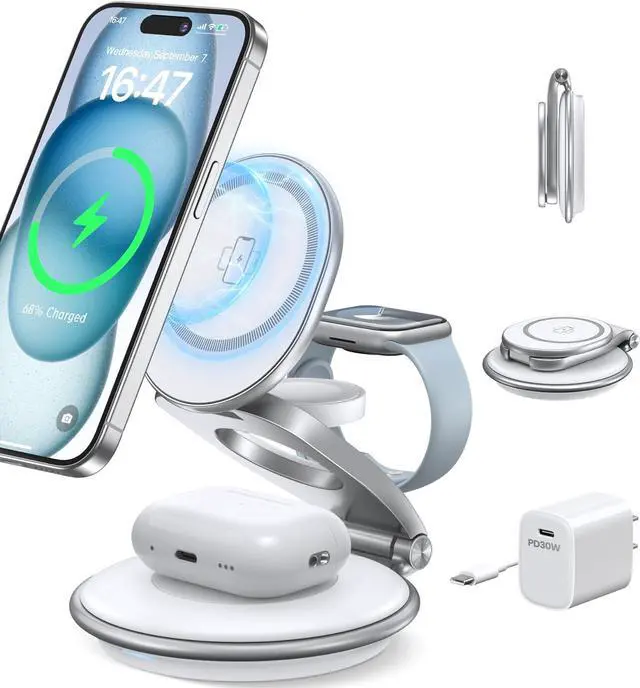 Main image of Charging Station for Apple Multiple Devices: 3 in 1 Foldable Magnetic Wireless Charger Stand for Mag-Safe iPhone - Travel Charging Dock for iPhone 15 14 13 12 Pro Max Plus & Apple Watch & Airpods