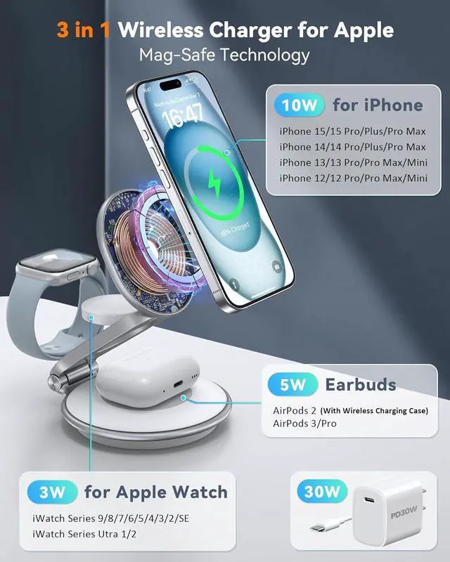 Alt view image 2 of 7 - Charging Station for Apple Multiple Devices: 3 in 1 Foldable Magnetic Wireless Charger Stand for Mag-Safe iPhone - Travel Charging Dock for iPhone 15 14 13 12 Pro Max Plus & Apple Watch & Airpods