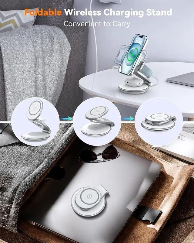 Alt view image 5 of 7 - Charging Station for Apple Multiple Devices: 3 in 1 Foldable Magnetic Wireless Charger Stand for Mag-Safe iPhone - Travel Charging Dock for iPhone 15 14 13 12 Pro Max Plus & Apple Watch & Airpods