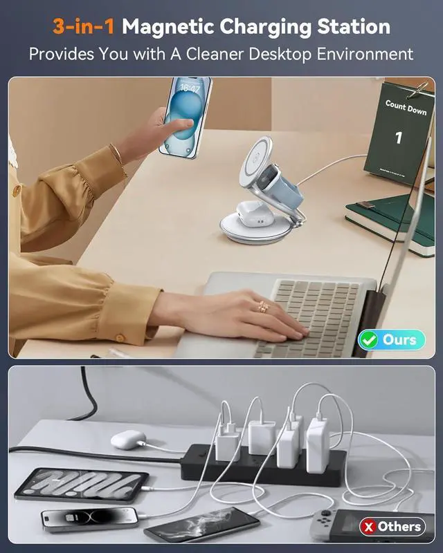 Alt view image 7 of 7 - Charging Station for Apple Multiple Devices: 3 in 1 Foldable Magnetic Wireless Charger Stand for Mag-Safe iPhone - Travel Charging Dock for iPhone 15 14 13 12 Pro Max Plus & Apple Watch & Airpods