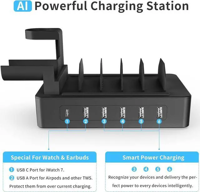 Alt view image 3 of 7 - Multiple Charging Station Charger Station - Charging Station for Multiple Devices, 6 Ports USB Charging Dock for Phone| Earhead|Watch Stand, Fast Docking Station, Family Electronics Charging Center
