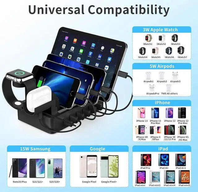 Alt view image 4 of 7 - Multiple Charging Station Charger Station - Charging Station for Multiple Devices, 6 Ports USB Charging Dock for Phone| Earhead|Watch Stand, Fast Docking Station, Family Electronics Charging Center