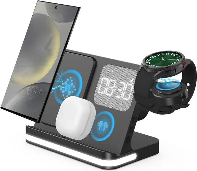 Main image of 4 in 1 Wireless Charger with Alarm Clock Compatible for Samsung,Charger Stand for Galaxy Watch 6/5/5 Pro/4 Galaxy S24/Ultra/S24+/S23/Note 20/Z Flip 6/5 Fold 6/5 Galaxy Buds Charging Station
