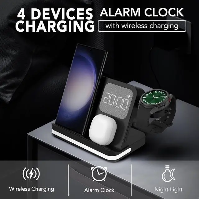 Alt view image 3 of 7 - 4 in 1 Wireless Charger with Alarm Clock Compatible for Samsung,Charger Stand for Galaxy Watch 6/5/5 Pro/4 Galaxy S24/Ultra/S24+/S23/Note 20/Z Flip 6/5 Fold 6/5 Galaxy Buds Charging Station