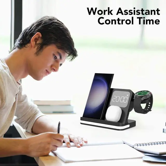 Alt view image 6 of 7 - 4 in 1 Wireless Charger with Alarm Clock Compatible for Samsung,Charger Stand for Galaxy Watch 6/5/5 Pro/4 Galaxy S24/Ultra/S24+/S23/Note 20/Z Flip 6/5 Fold 6/5 Galaxy Buds Charging Station