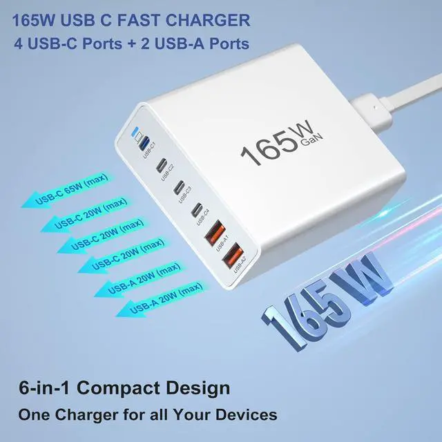 Alt view image 4 of 7 - 165W USB C Fast Charger, Agtray 6-Port USB C Charger Block PD/QC Fast Charging Plug GaN Multiport Desktop Station Hub Travel Power Adapter Compatible for MacBook/iPad Pro Air, iPhone 15 14, Galaxy S24