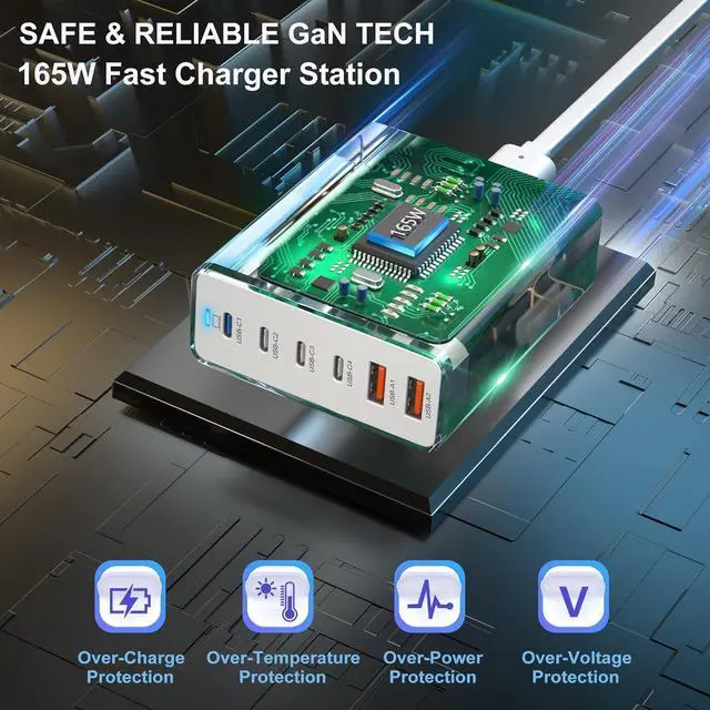 Alt view image 6 of 7 - 165W USB C Fast Charger, Agtray 6-Port USB C Charger Block PD/QC Fast Charging Plug GaN Multiport Desktop Station Hub Travel Power Adapter Compatible for MacBook/iPad Pro Air, iPhone 15 14, Galaxy S24