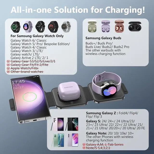 Alt view image 3 of 7 - Travel Charger for  Multi Devices, Foldable 3 in 1 Wireless Charging Station Fast Charging Stand/Pad Compatible for  Galaxy S24Ultra/S23/S22/S21/Note20 Galaxy Watch6/5/4/3 Galaxy Buds