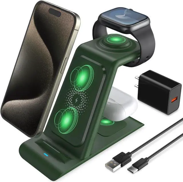 Main image of HATALKIN 3 in 1 Wireless Charging Station Compatible for Multiple Devices Apple Products Apple Watch 9 8 Ultra 7 SE 6 5 4 AirPods Pro 2 iPhone 15 14 13 12 11 Pro Max/XS/XR 8 Fast Wireless Charger