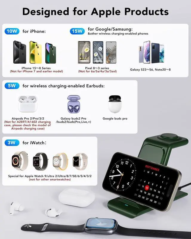 Alt view image 3 of 7 - HATALKIN 3 in 1 Wireless Charging Station Compatible for Multiple Devices Apple Products Apple Watch 9 8 Ultra 7 SE 6 5 4 AirPods Pro 2 iPhone 15 14 13 12 11 Pro Max/XS/XR 8 Fast Wireless Charger