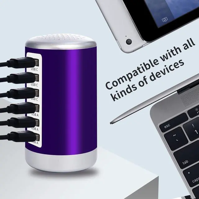 Alt view image 2 of 6 - USB Charger, 60W USB Charging Station with 6-Port(3 USB-A Port & 3 USB-C Port) Compatible with iPhone 15/14/13/13pro Max 12/12 Mini/12Pro/12 Pro Max/11,Tablets, Smartphones Purple