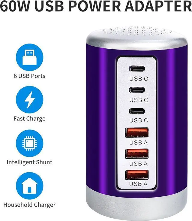 Alt view image 5 of 6 - USB Charger, 60W USB Charging Station with 6-Port(3 USB-A Port & 3 USB-C Port) Compatible with iPhone 15/14/13/13pro Max 12/12 Mini/12Pro/12 Pro Max/11,Tablets, Smartphones Purple