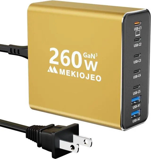 Main image of Aluminum Alloy USB C Charger 260W GaN Charger Fast USB C Charging Station 7 Ports 65W Laptop Charger for MacBook Pro/Air/iPad Pro/iPhone (Gold)