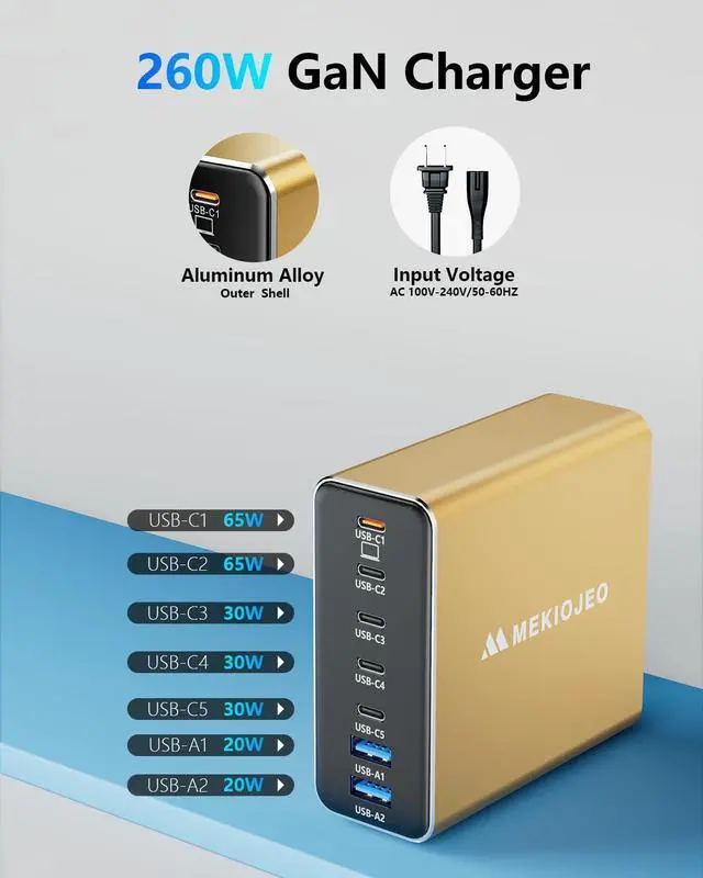 Alt view image 3 of 6 - Aluminum Alloy USB C Charger 260W GaN Charger Fast USB C Charging Station 7 Ports 65W Laptop Charger for MacBook Pro/Air/iPad Pro/iPhone (Gold)
