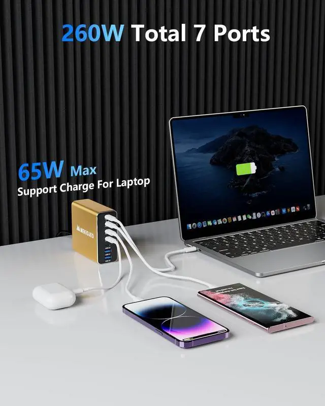 Alt view image 2 of 6 - Aluminum Alloy USB C Charger 260W GaN Charger Fast USB C Charging Station 7 Ports 65W Laptop Charger for MacBook Pro/Air/iPad Pro/iPhone (Gold)