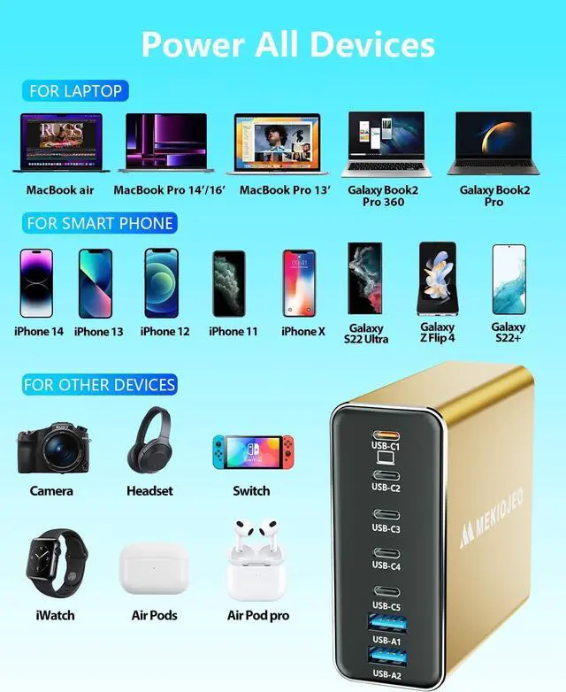 Alt view image 4 of 6 - Aluminum Alloy USB C Charger 260W GaN Charger Fast USB C Charging Station 7 Ports 65W Laptop Charger for MacBook Pro/Air/iPad Pro/iPhone (Gold)