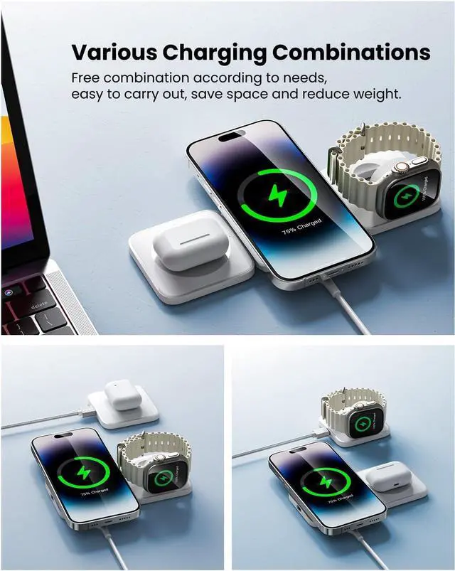 Alt view image 3 of 7 - 3 in 1 Wireless Charging Station Magnetic Detachable, Wireless Magnetic Charger for Apple, Compatible with iPhone 15/14/13/12, Airpods 3/2/Pro, iWatch(White)