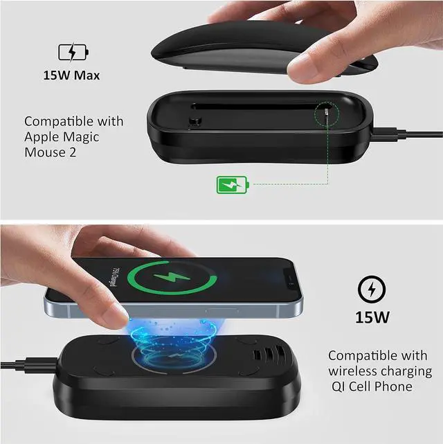 Alt view image 2 of 7 - HONKID Wireless Charging Station for Magic Mouse 2, QI Mobile Phone and AirPods, Double-Sided Charging, 3 in 1 Wireless Charging Dock, USB-A to USB-C Cable Long 5ft, Black