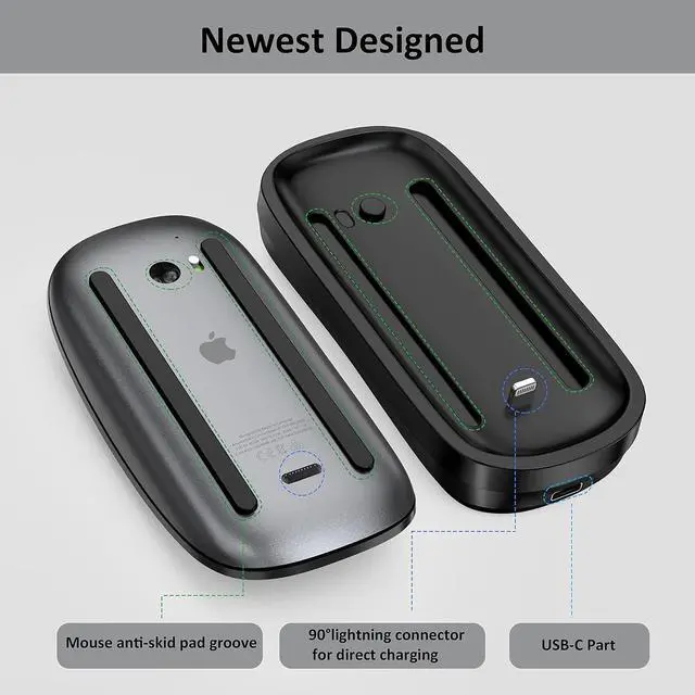 Alt view image 4 of 7 - HONKID Wireless Charging Station for Magic Mouse 2, QI Mobile Phone and AirPods, Double-Sided Charging, 3 in 1 Wireless Charging Dock, USB-A to USB-C Cable Long 5ft, Black