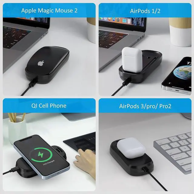 Alt view image 7 of 7 - HONKID Wireless Charging Station for Magic Mouse 2, QI Mobile Phone and AirPods, Double-Sided Charging, 3 in 1 Wireless Charging Dock, USB-A to USB-C Cable Long 5ft, Black