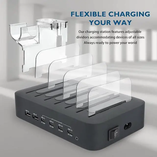 Alt view image 3 of 7 - USB C Charging Station for Multiple Devices Apple,100W 4 PD and 2 USB Charger Stations Compatible with Apple iPhone iPad and Android Phone and Tablet,Type C Multi Charging Station