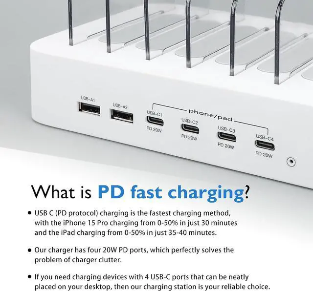 Alt view image 4 of 7 - USB C Charging Station for Multiple Devices Apple,100W 4 PD and 2 USB Charger Stations Compatible with Apple iPhone iPad and Android Phone and Tablet,Type C Multi Charging Station