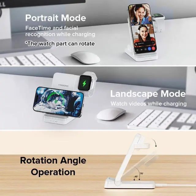 Alt view image 3 of 3 - Wireless Charger, 3 in 1 Foldable Fast Charger for iPhone 15 14 13 12 11 Pro Max XR XS 8 Plus,for Multiple Devicesfor Apple Watch 9 8 7 6 5 4 3 2 SE,for AirPods Pro 3 2 (White)