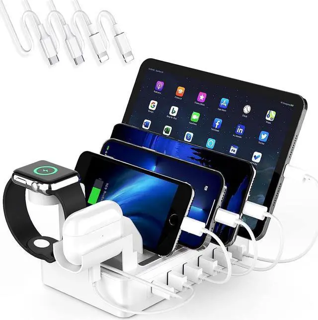 Main image of Multiple Charging Station Charger Station - Presents for Him Her Charging Station for Multiple Devices, 6 Ports USB Charging Dock for Phone|Earhead|Watch Stand, Fast Docking Station (Pure White)