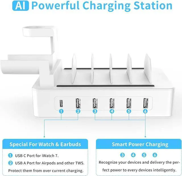 Alt view image 3 of 7 - Multiple Charging Station Charger Station - Presents for Him Her Charging Station for Multiple Devices, 6 Ports USB Charging Dock for Phone|Earhead|Watch Stand, Fast Docking Station (Pure White)