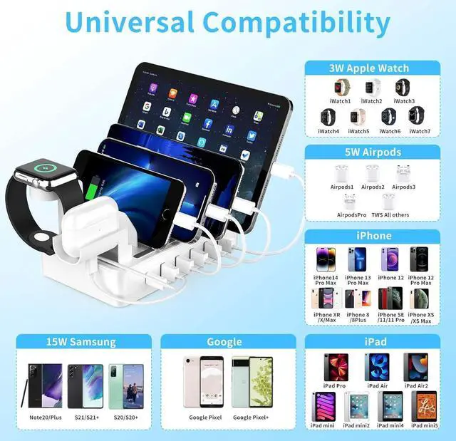 Alt view image 4 of 7 - Multiple Charging Station Charger Station - Presents for Him Her Charging Station for Multiple Devices, 6 Ports USB Charging Dock for Phone|Earhead|Watch Stand, Fast Docking Station (Pure White)