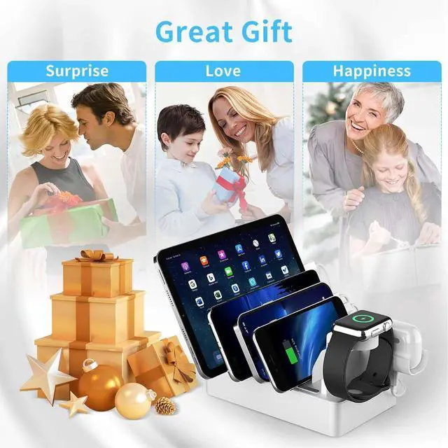 Alt view image 6 of 7 - Multiple Charging Station Charger Station - Presents for Him Her Charging Station for Multiple Devices, 6 Ports USB Charging Dock for Phone|Earhead|Watch Stand, Fast Docking Station (Pure White)