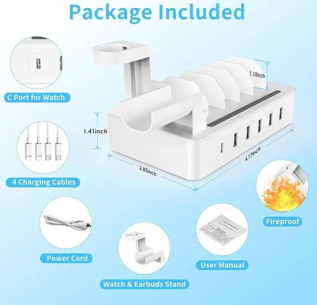 Alt view image 7 of 7 - Multiple Charging Station Charger Station - Presents for Him Her Charging Station for Multiple Devices, 6 Ports USB Charging Dock for Phone|Earhead|Watch Stand, Fast Docking Station (Pure White)