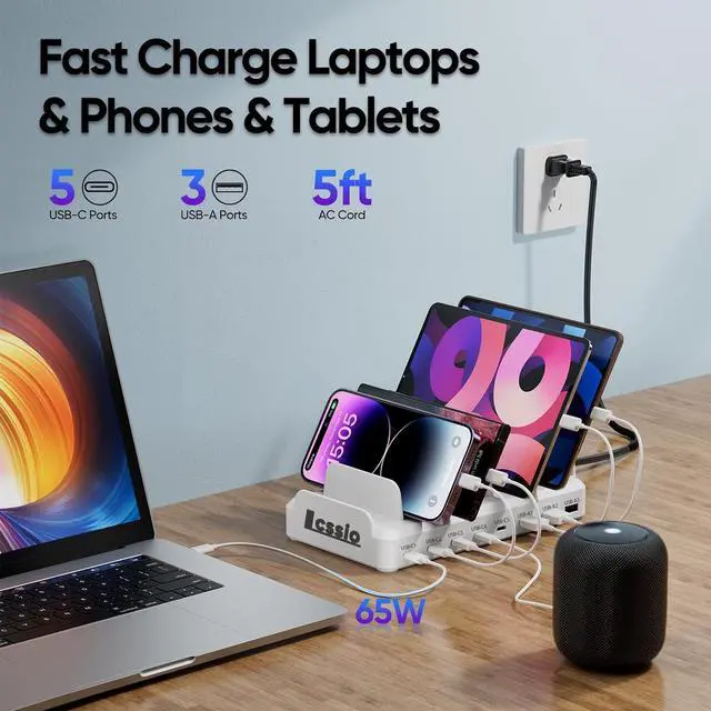 Alt view image 2 of 4 - 280W Charging Station for Multiple Devices, 8 Port USB C Charging Station Fast Charge for MacBook iPhone 15 Phone iPad Tablets (6 Mixed Short Cables Included) White
