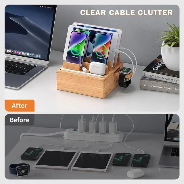 Alt view image 7 of 7 - Pezin & Hulin Bamboo Charging Station for Multiple Devices Include 5 Port USB Charger, 5 Cables, Desktop Organizer for Phones, Tablet, Wooden Docking Stations