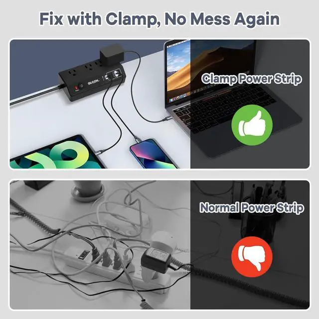 Alt view image 5 of 7 - Desk Clamp Power Strip - 20W USB C Fast Charging Station - Desk Power Strip Flat Plug Extension Cord 10FT with 4 USB Ports + 4 Outlets - Desktop Mount Surge Protector - Fit 1.8" Tabletop Edge
