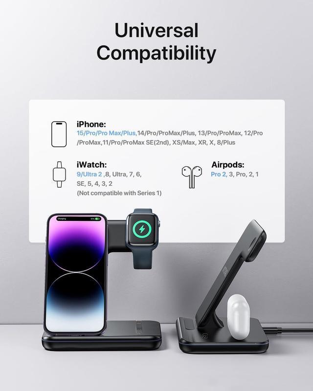 Alt view image 6 of 6 - Intoval Charging Station for Apple iPhone/iWatch/Airpods, 3 in 1 Wireless Charger for iPhone 14/13/12/11/XS/XR/XS/X/8, iWatch 8/Ultra/7/6/SE/5/4/3/2, Airpods Pro2/Pro1/3/2/1 (Z5,Black)