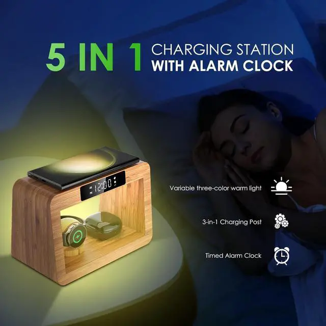 Alt view image 2 of 7 - Bamboo Wireless Charger Station for Samsug Galaxy, for Samsun High Speed Charging Station, Wireless Phone Charger Station, Wireless Charger for Samsun Watch (with Alarm Clock for Samsung)
