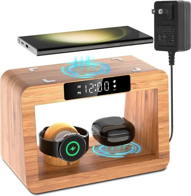 Main image of Bamboo Wireless Charger Station for Samsug Galaxy, for Samsun High Speed Charging Station, Wireless Phone Charger Station, Wireless Charger for Samsun Watch (with Alarm Clock for Samsung)