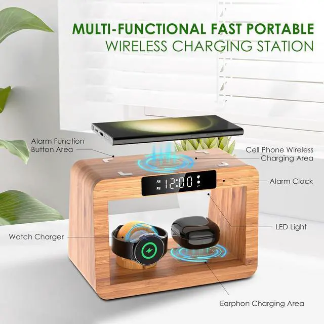 Alt view image 3 of 7 - Bamboo Wireless Charger Station for Samsug Galaxy, for Samsun High Speed Charging Station, Wireless Phone Charger Station, Wireless Charger for Samsun Watch (with Alarm Clock for Samsung)
