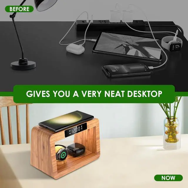 Alt view image 4 of 7 - Bamboo Wireless Charger Station for Samsug Galaxy, for Samsun High Speed Charging Station, Wireless Phone Charger Station, Wireless Charger for Samsun Watch (with Alarm Clock for Samsung)