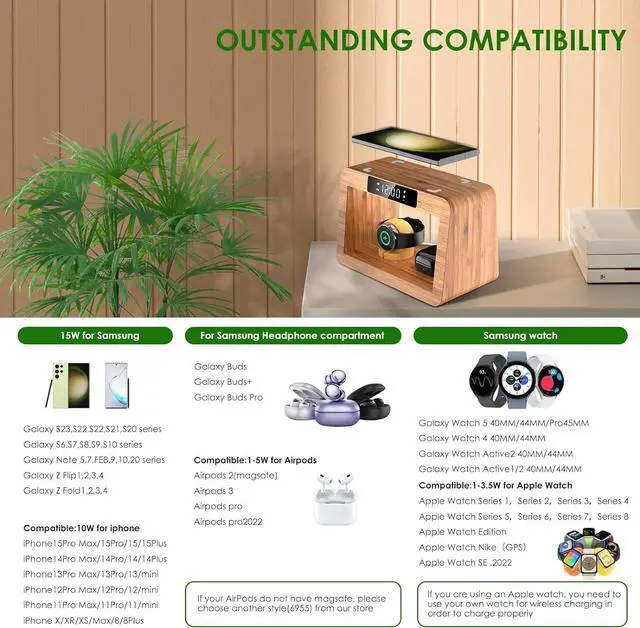 Alt view image 6 of 7 - Bamboo Wireless Charger Station for Samsug Galaxy, for Samsun High Speed Charging Station, Wireless Phone Charger Station, Wireless Charger for Samsun Watch (with Alarm Clock for Samsung)