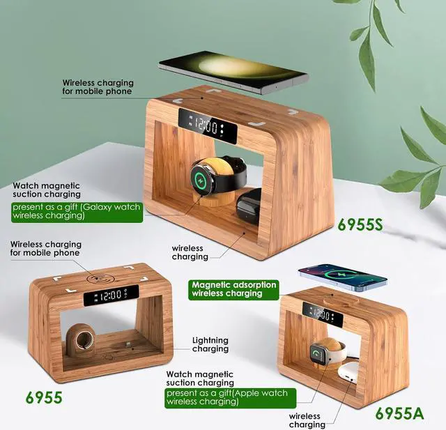 Alt view image 7 of 7 - Bamboo Wireless Charger Station for Samsug Galaxy, for Samsun High Speed Charging Station, Wireless Phone Charger Station, Wireless Charger for Samsun Watch (with Alarm Clock for Samsung)