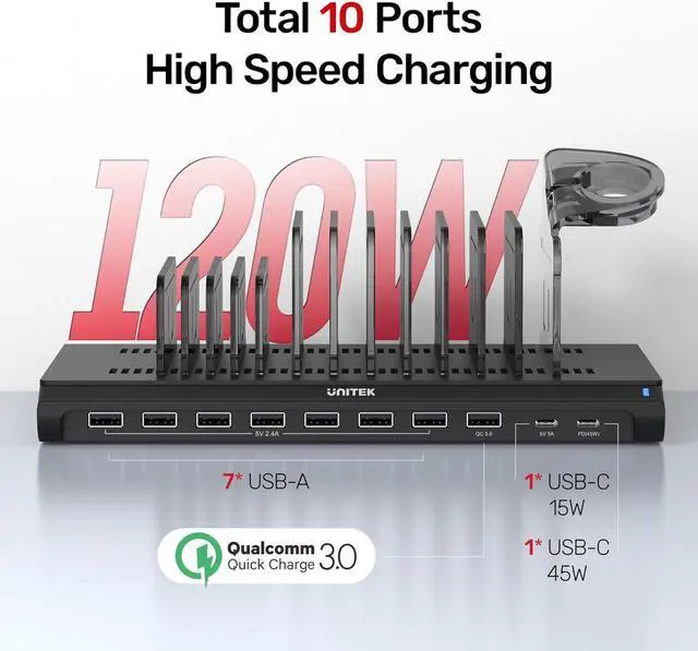 Alt view image 2 of 7 - Unitek USB Charging Station 120W 10 Fast Port Multi Charge Docking Hub for Multiple Apple Devices with QC 3.0 PD 45W Port, Charger Organizer Compatible with iPad, iPhone, Tablet, iwatch,Cell Phone