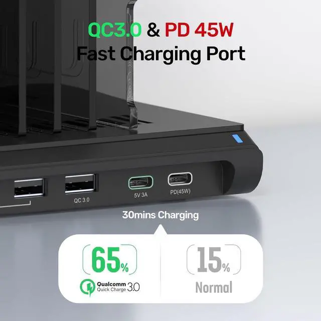 Alt view image 3 of 7 - Unitek USB Charging Station 120W 10 Fast Port Multi Charge Docking Hub for Multiple Apple Devices with QC 3.0 PD 45W Port, Charger Organizer Compatible with iPad, iPhone, Tablet, iwatch,Cell Phone