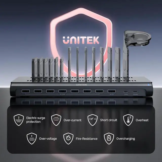 Alt view image 6 of 7 - Unitek USB Charging Station 120W 10 Fast Port Multi Charge Docking Hub for Multiple Apple Devices with QC 3.0 PD 45W Port, Charger Organizer Compatible with iPad, iPhone, Tablet, iwatch,Cell Phone