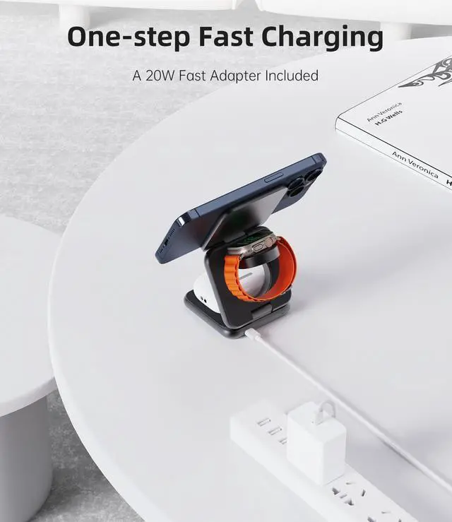 Alt view image 6 of 7 - Foldable Magnetic Wireless Charger, Aluminum Alloy 3 in 1 Charging Station for Apple, 15W Fast Mag-Safe Charger Stand for iPhone 15 14 13 12 Pro/Max/Plus, for AirPods 3/2/Pro,5W for iWatch-Gray