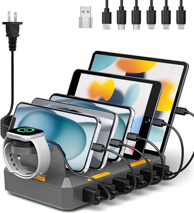 Main image of Charging Station for Multiple Devices, Honcila 50W Multiple Charger Station Charging Dock for iPhone iPad Cell Phone Tablet and More - 6 Port Multi Charging Station with 6 Mixed Cables (Space Gray)