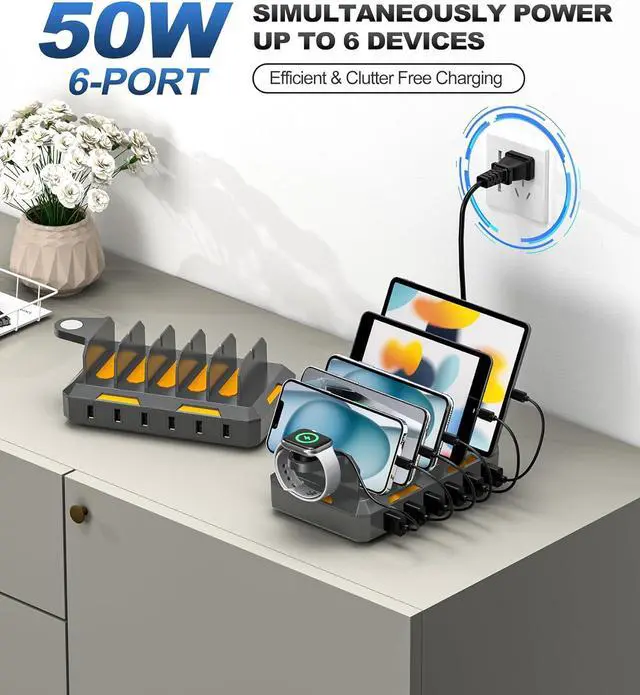 Alt view image 2 of 7 - Charging Station for Multiple Devices, Honcila 50W Multiple Charger Station Charging Dock for iPhone iPad Cell Phone Tablet and More - 6 Port Multi Charging Station with 6 Mixed Cables (Space Gray)