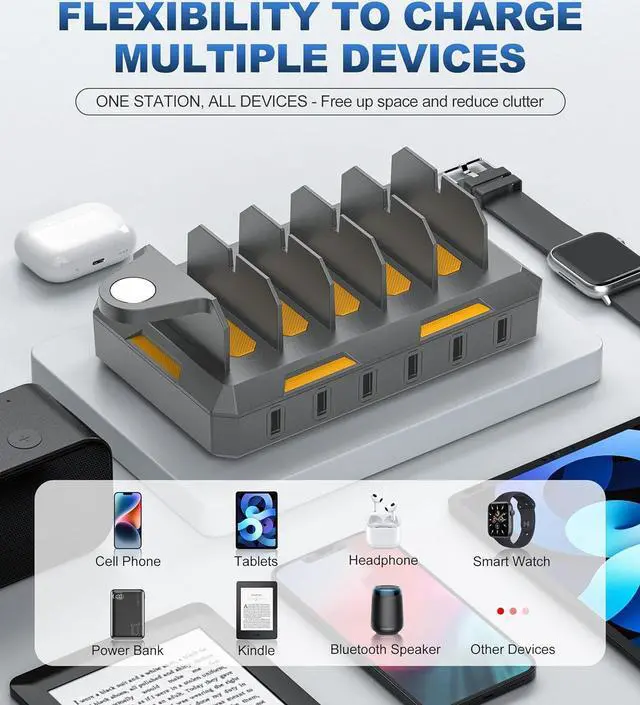 Alt view image 3 of 7 - Charging Station for Multiple Devices, Honcila 50W Multiple Charger Station Charging Dock for iPhone iPad Cell Phone Tablet and More - 6 Port Multi Charging Station with 6 Mixed Cables (Space Gray)