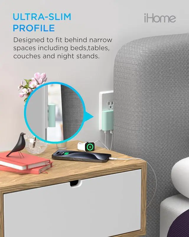 Alt view image 4 of 7 - iHome 32W AC Pro Multi Port USB Wall Charger Block - Charging Station for Multiple Devices with 3 USB Ports (1 USB-C, 2 USB-A) - Fast Charging, Universal Compatibility (Mint)